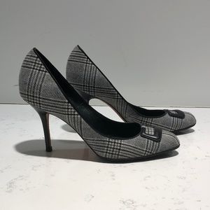 Manolo Blahnik Grey Plaid Pump with Buckle Accent